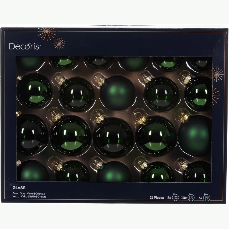 Decoris lot de 21 boules de Noël en verre vert pin
