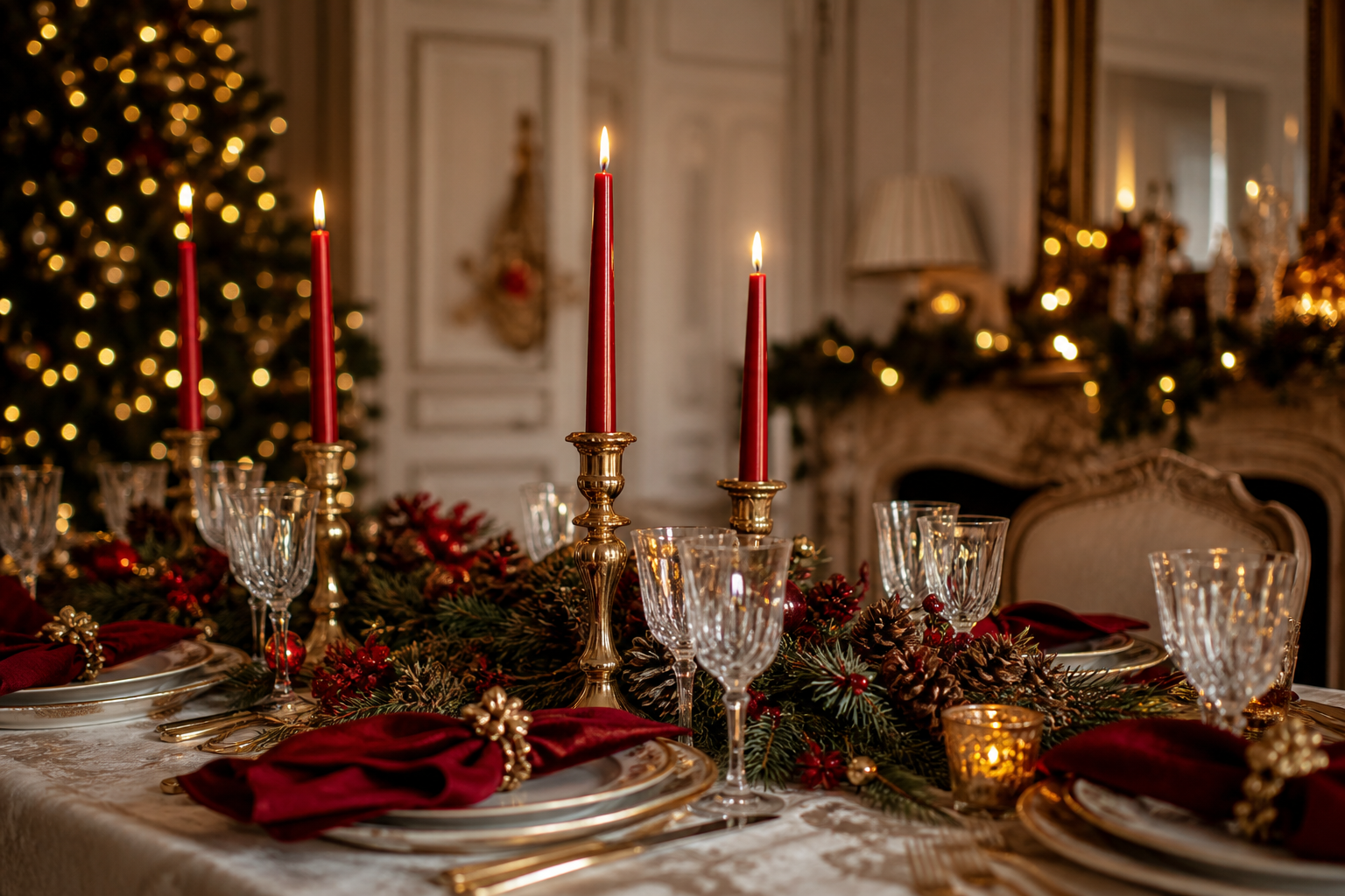 Table décorée bougies dorées ambiance Noël chaleureuse