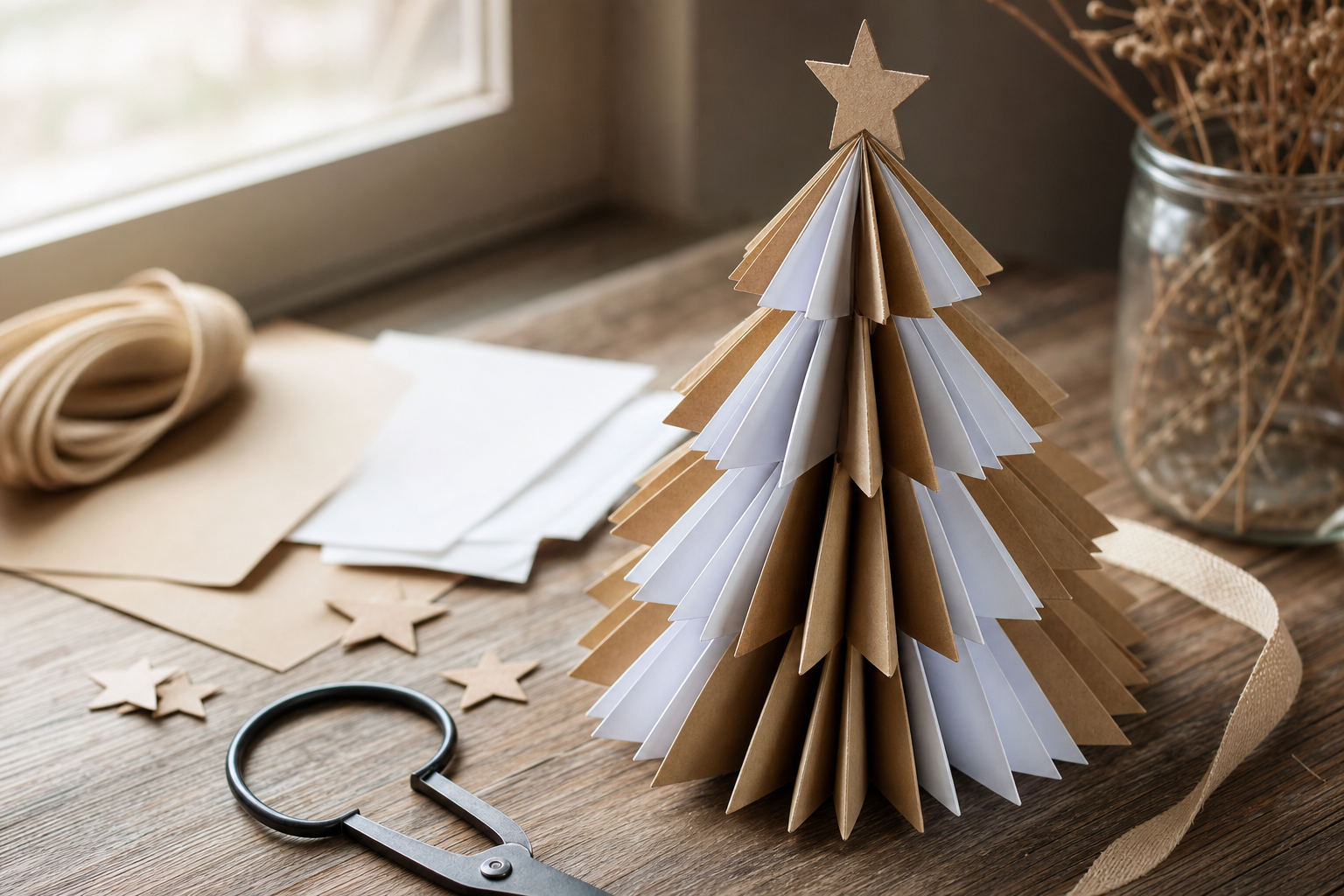 Sapin Noël carton kraft géométrique DIY table bois